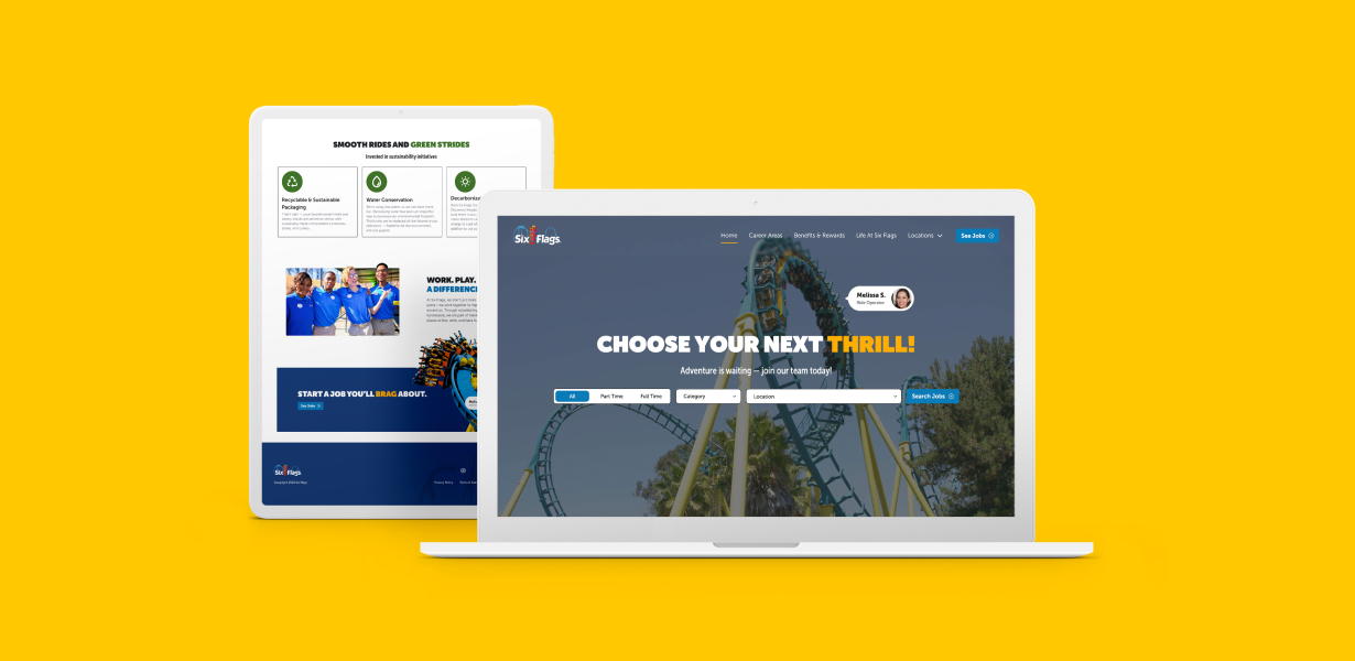 Six Flags career site displayed on laptop and ipad